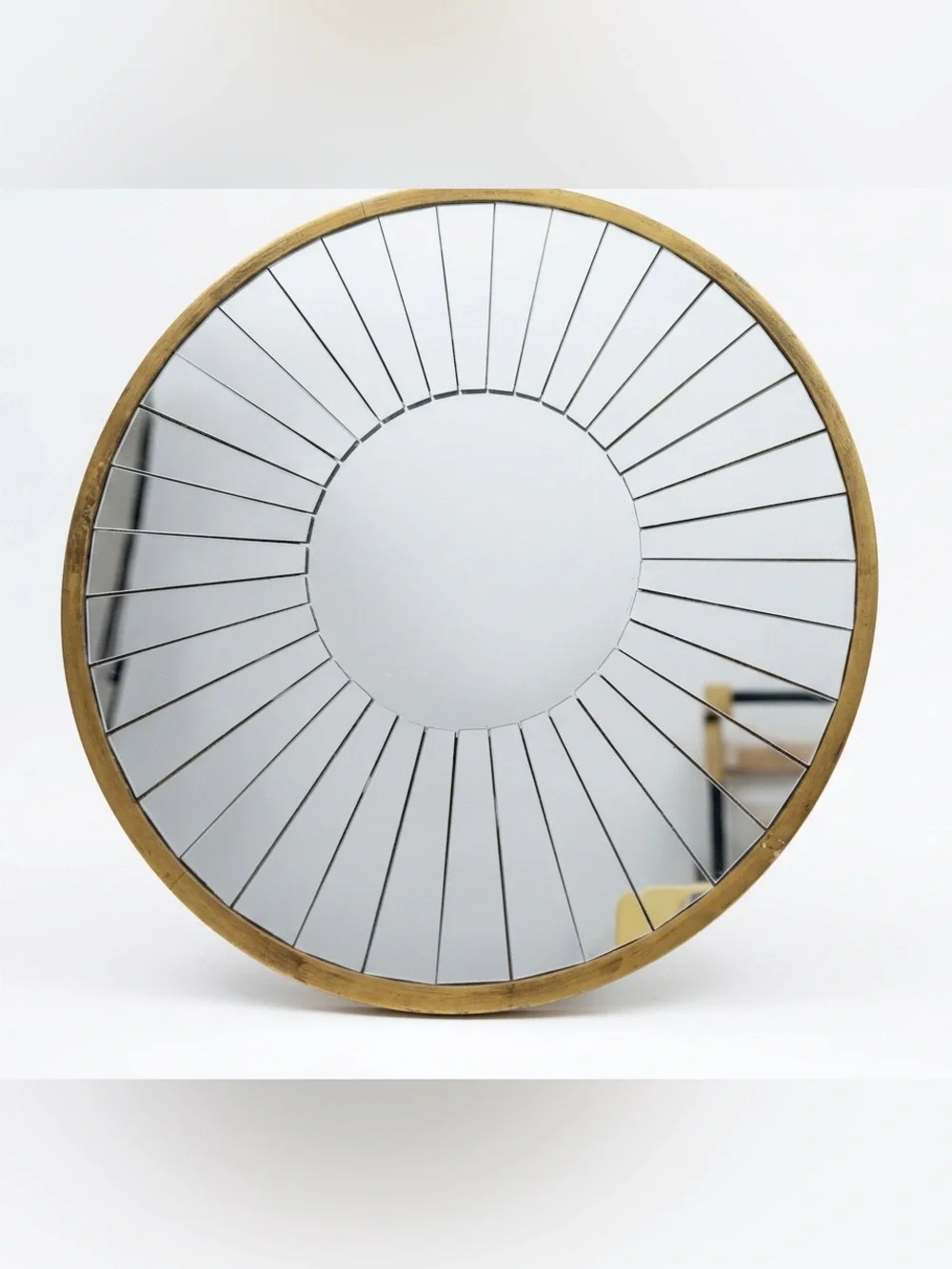Modern Round Segmented Sunburst Wall Mirror with Gold Tone Frame